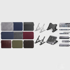 A set of laptop accessories on a light gray background, including multiple laptop sleeve cases in gray, navy, charcoal, burgundy, olive green, and black, along with three adjustable laptop stands and several slim external drives or power adapters.
