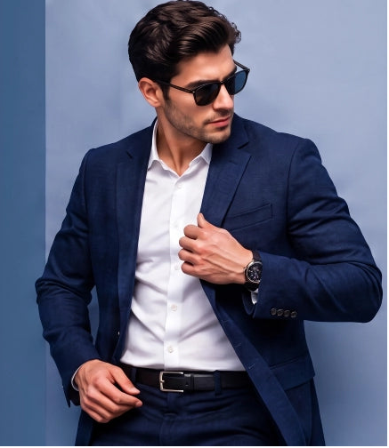 A man wearing a navy blue suit jacket and trousers, a white dress shirt, a black belt, and black sunglasses, posing against a blue-gray background.