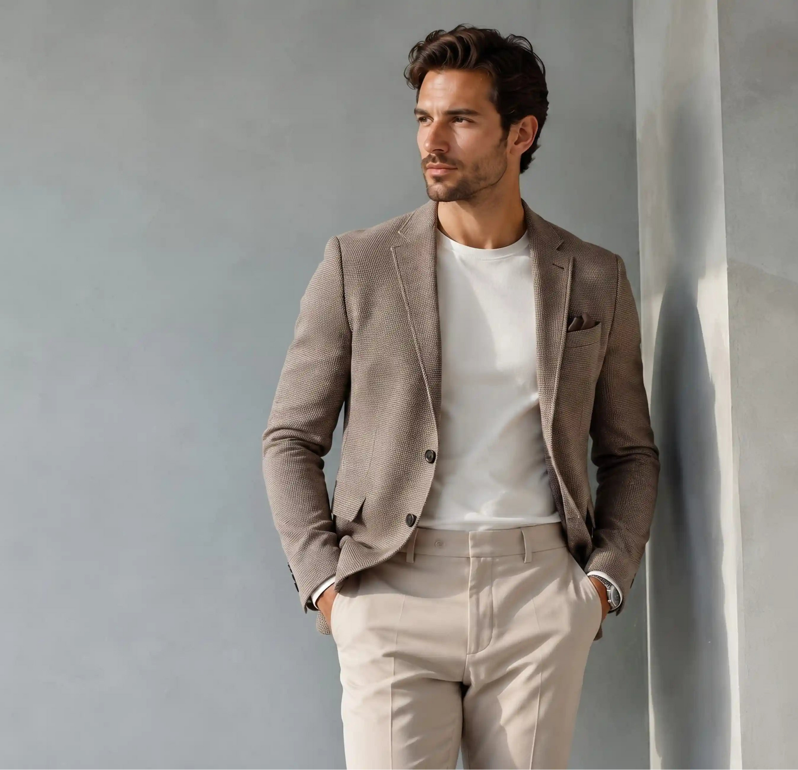 A man wearing a light brown blazer, white crewneck t-shirt, and beige trousers, standing against a textured gray wall.