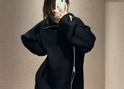 Black Side Zipper Knitted Cardigan Thickened Loose Camel Sweater
