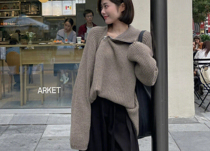 Black Side Zipper Knitted Cardigan Thickened Loose Camel Sweater
