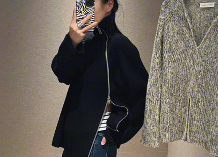 Black Side Zipper Knitted Cardigan Thickened Loose Camel Sweater