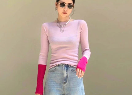 Women's Autumn 23 New Long Sleeve Inner Wear High-grade Cuff Splicing Knitwear Wool Base Shirt