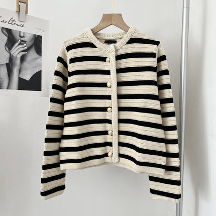 MD Style Women's Autumn New Slim Striped Classic Style Knitted Cardigan Sweater