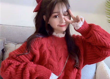 Women's Thickened Sweet Solid Color Large Hemp Flowers Knitwear Sweater