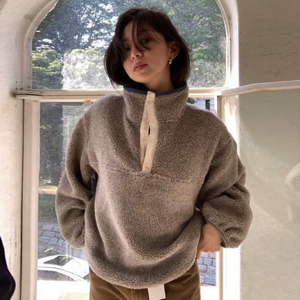 Lamb Wool Sweatshirt Lapel Thickening Warm Lazy Pullover Soft Glutinous Plush Coat