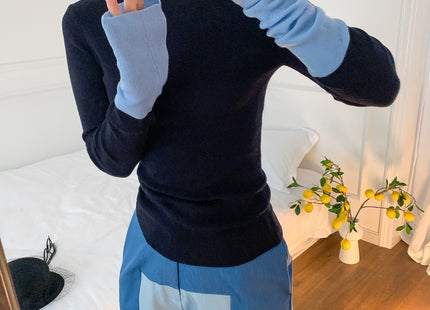 Women's Autumn 23 New Long Sleeve Inner Wear High-grade Cuff Splicing Knitwear Wool Base Shirt