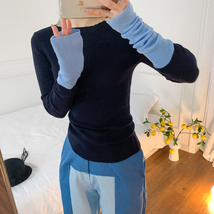 Women's Autumn 23 New Long Sleeve Inner Wear High-grade Cuff Splicing Knitwear Wool Base Shirt