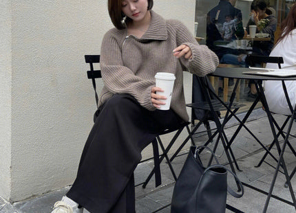 Black Side Zipper Knitted Cardigan Thickened Loose Camel Sweater