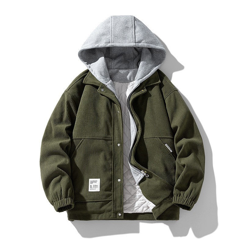 Men's Coat Cotton Corduroy Fake Two-piece Hooded Cotton-padded Jacket