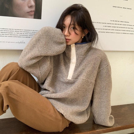 Lamb Wool Sweatshirt Lapel Thickening Warm Lazy Pullover Soft Glutinous Plush Coat
