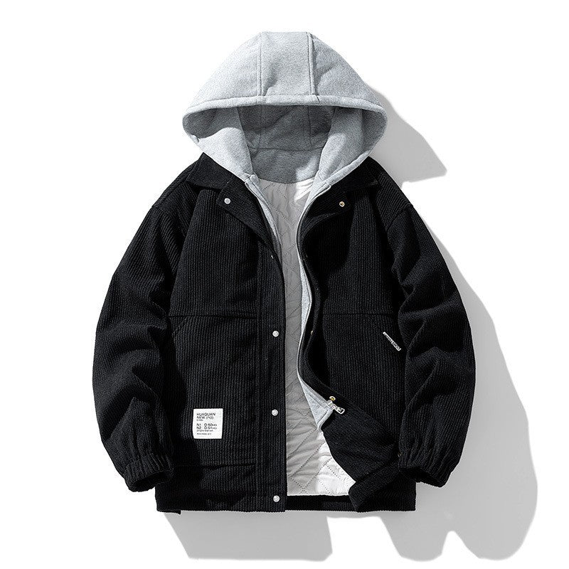 Men's Coat Cotton Corduroy Fake Two-piece Hooded Cotton-padded Jacket