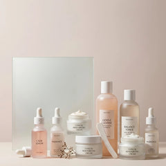 A skincare set with multiple bottles, jars, and a large square box arranged on a light beige surface against a soft beige background. The products are mostly frosted white and pale pink, with visible labels including Cavi Serum, Radiance, Gentle Cleanse, Balance Toner, and Clinical Moisturizing Cream.
