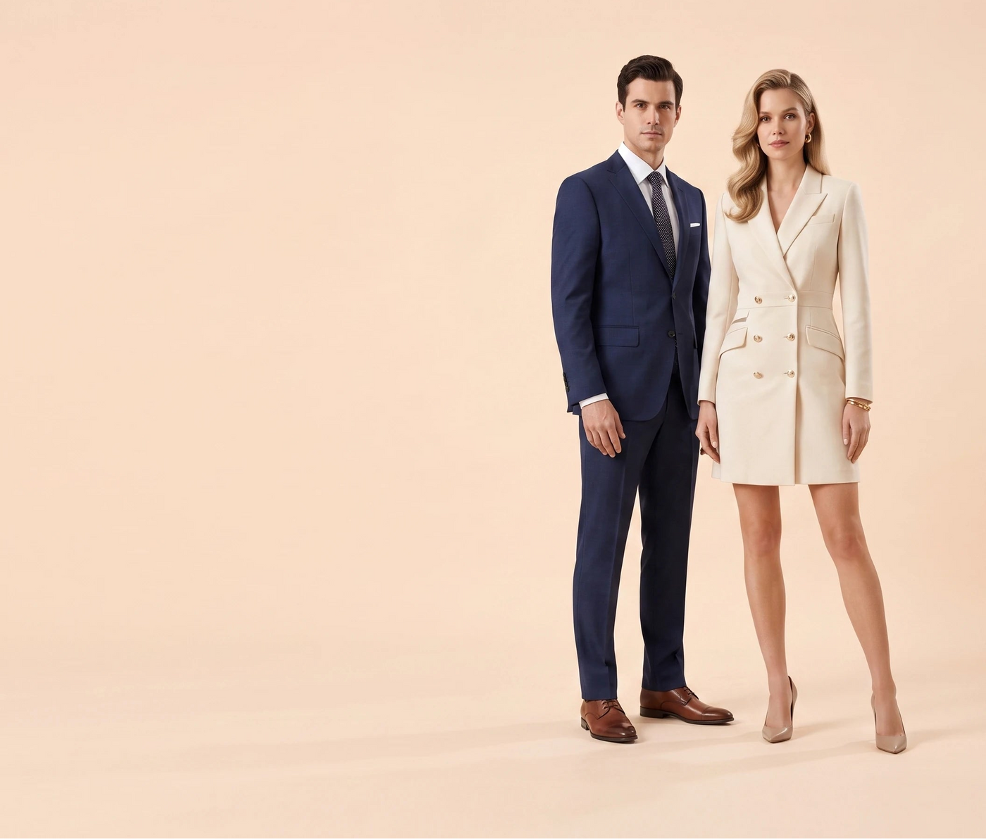 A man in a navy blazer over a light blue shirt and a woman in a beige blazer over a white top, standing against a solid peach-colored background.