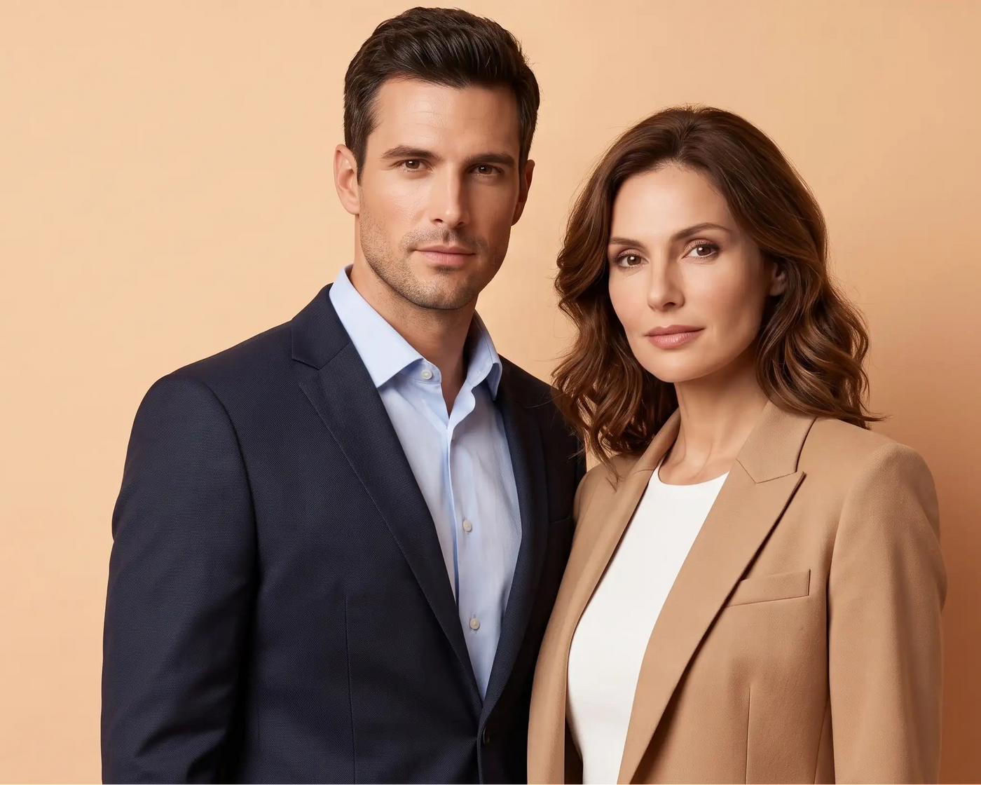 A man in a navy blue suit and a woman in a beige blazer over a white top, standing against a solid beige background.