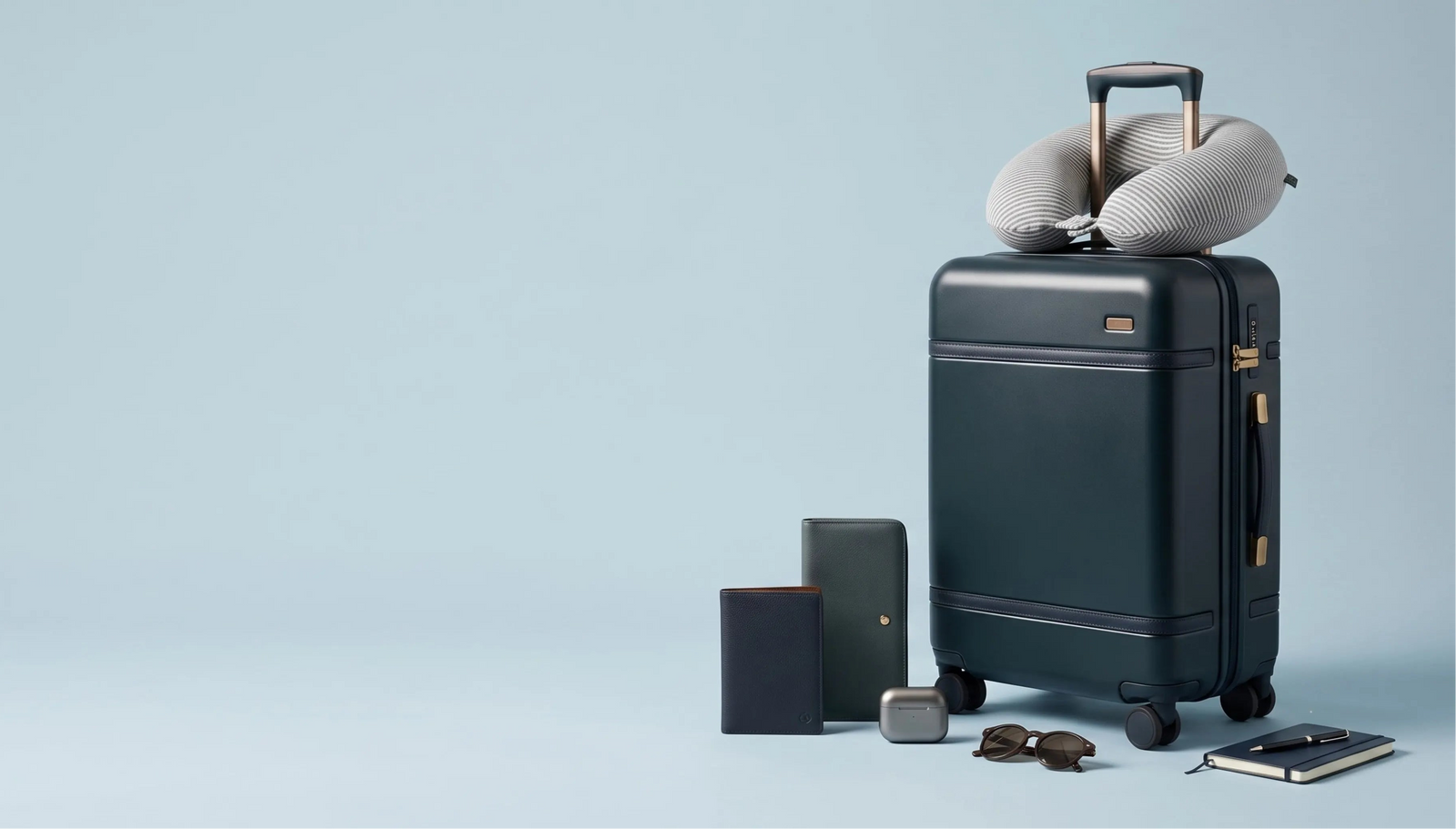A dark navy blue hard-shell suitcase with wheels stands on a light blue studio background, styled with a gray neck pillow, a black wallet, a small black pouch, sunglasses, and a tablet.