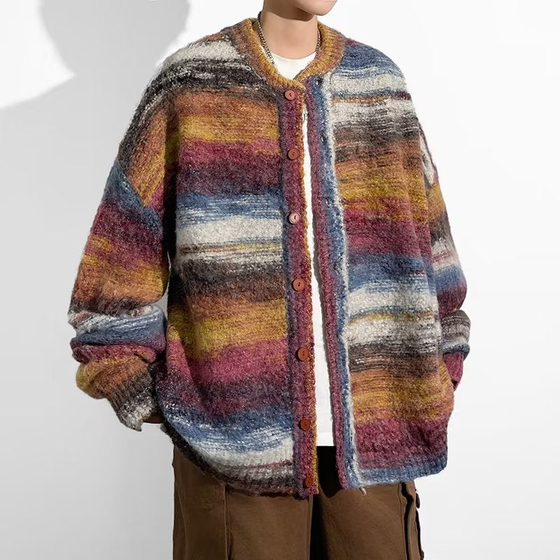 Contrast Color Sweater Hong Kong Style Trendy Baggy Coat Men's And Women's Fashion Casual Knitted Cardigan Top