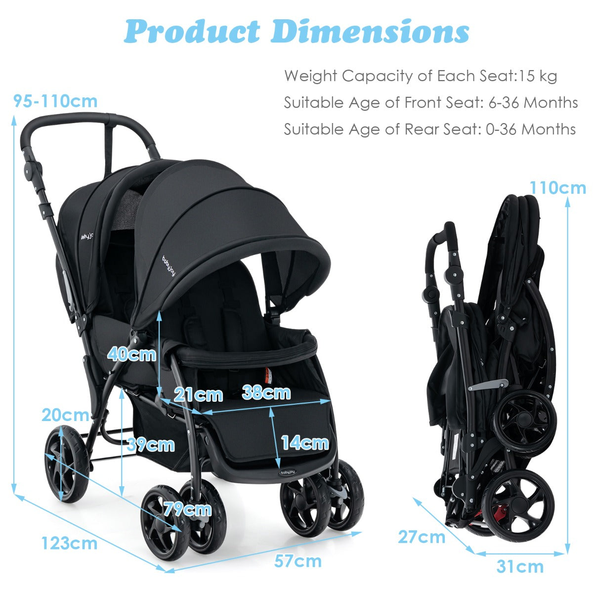 NNECW Folding Double Baby Stroller with Tandem Seating &amp; Canopy for Toddlers-Black-3