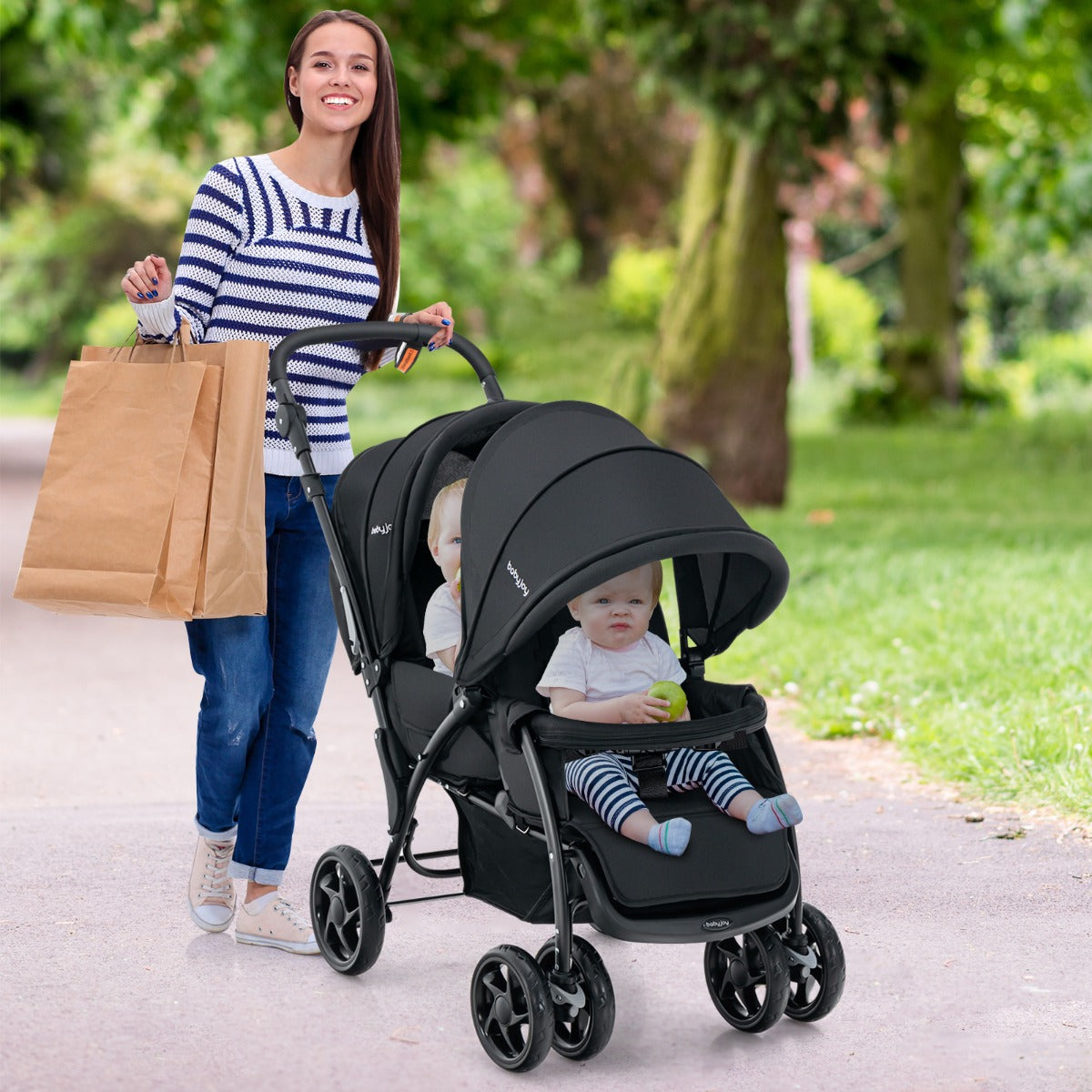 NNECW Folding Double Baby Stroller with Tandem Seating &amp; Canopy for Toddlers-Black-0