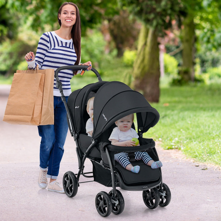 NNECW Folding Double Baby Stroller with Tandem Seating &amp; Canopy for Toddlers-Black-0