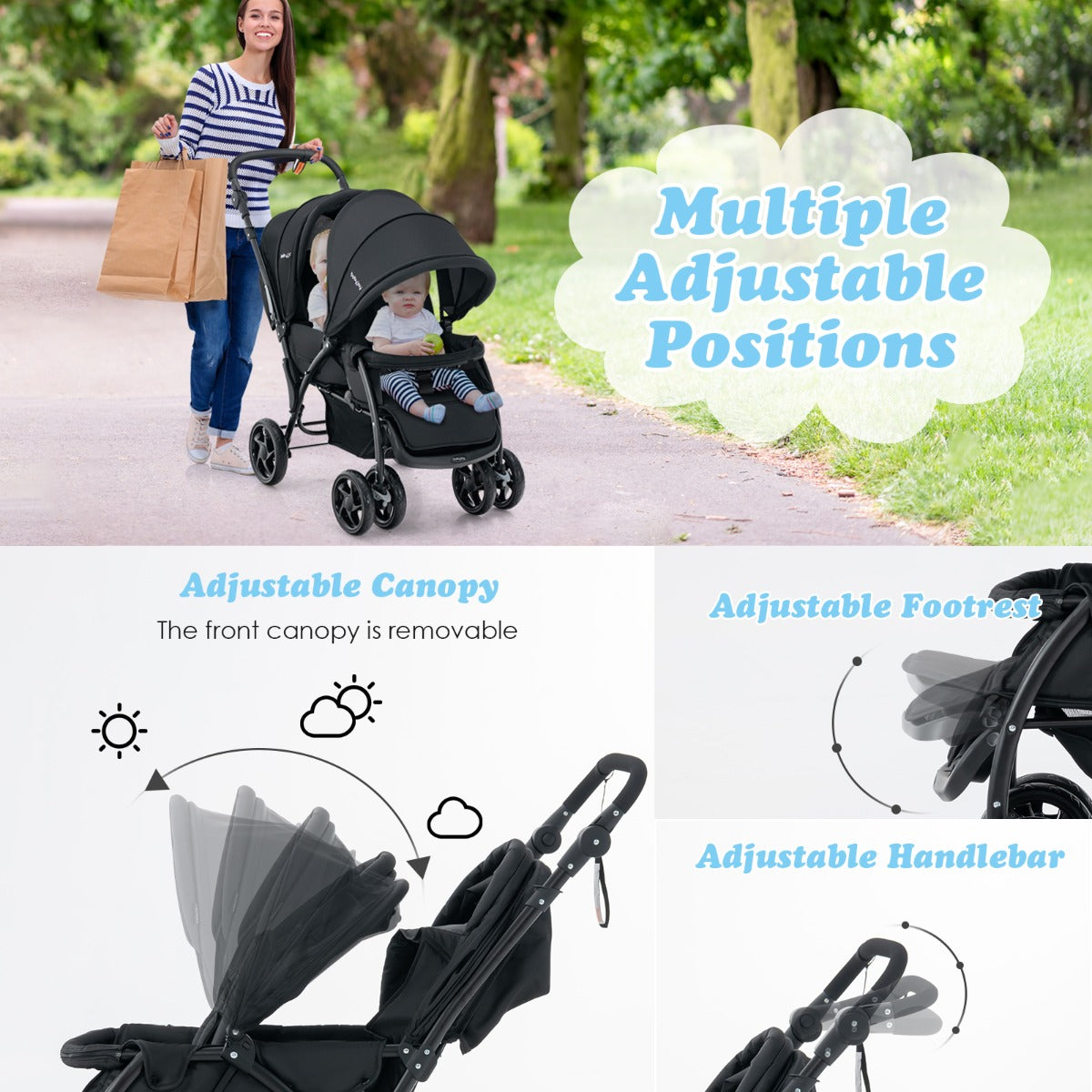 NNECW Folding Double Baby Stroller with Tandem Seating &amp; Canopy for Toddlers-Black-2
