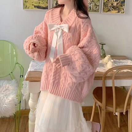 Women's V-neck Twist Lazy Gentle Bow Autumn And Winter Loose Velvet Thickened