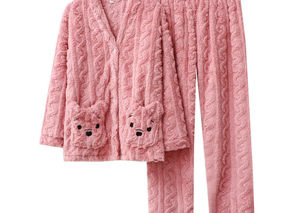 Men And Women Couple Thick Pajamas Cardigan Plus Velvet Warm Coral