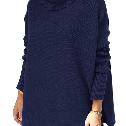 Turtleneck Sweater Mid Length Batwing Sleeve Slit Hem Tunic Pullover Sweaters Winter Tops Women Clothing