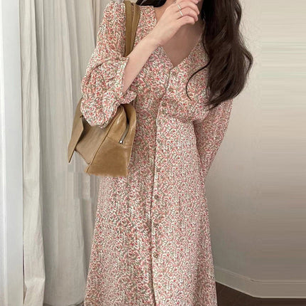 Elegant V-neck Elegant Floral Chiffon Dress