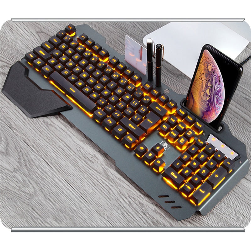 Teclado ergonómico para juegos con cable, retroiluminación RGB y soporte para teléfono