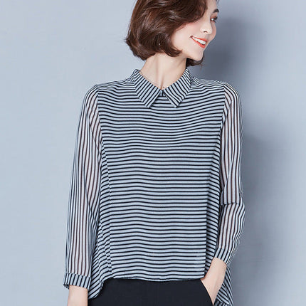 Slim Slimming Long-Sleeved Doll Collar Striped Chiffon Shirt Blouse Women