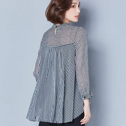 Slim Slimming Long-Sleeved Doll Collar Striped Chiffon Shirt Blouse Women
