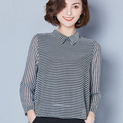 Slim Slimming Long-Sleeved Doll Collar Striped Chiffon Shirt Blouse Women