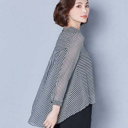 Slim Slimming Long-Sleeved Doll Collar Striped Chiffon Shirt Blouse Women