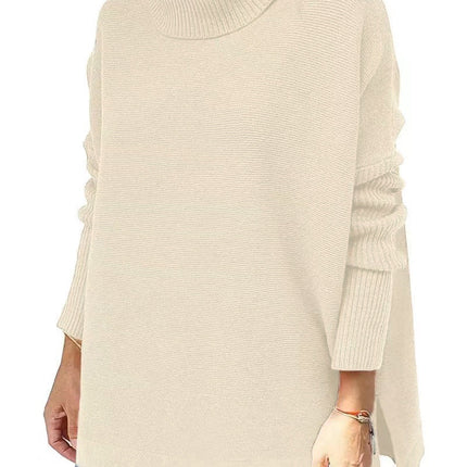 Turtleneck Sweater Mid Length Batwing Sleeve Slit Hem Tunic Pullover Sweaters Winter Tops Women Clothing