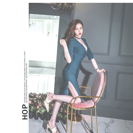Waist slim wrap hip dress