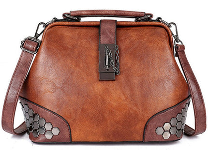 Women Handbag Leather Small Doctor Bag Women Shoulder Bag Female Crossbody Handbag Lock Chain Rivets Girls Vintage Women Bags