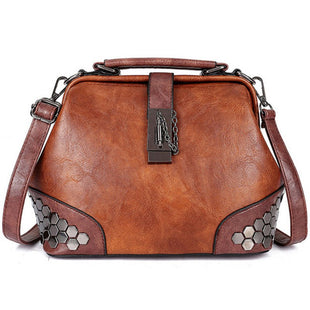 Women Handbag Leather Small Doctor Bag Women Shoulder Bag Female Crossbody Handbag Lock Chain Rivets Girls Vintage Women Bags