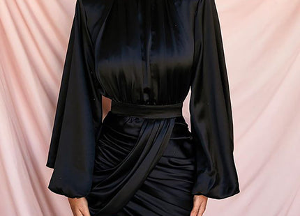 lessverge Turtleneck satin silk black wrap dress Women elegant office lady short dress Casual autumn winter bodycon dresses