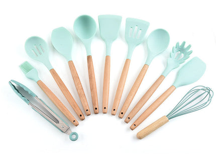 Silicone 11Pcs Kitchen Cooking Utensil Set  Non-stick Spatula Heat Resistant Wooden Handle