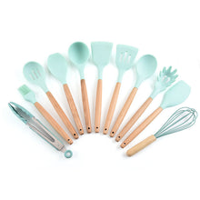 Silicone 11Pcs Kitchen Cooking Utensil Set  Non-stick Spatula Heat Resistant Wooden Handle