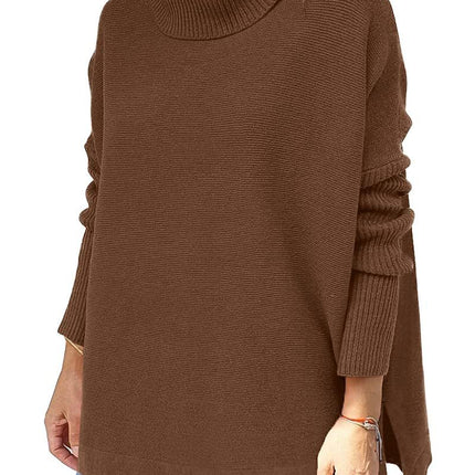 Turtleneck Sweater Mid Length Batwing Sleeve Slit Hem Tunic Pullover Sweaters Winter Tops Women Clothing