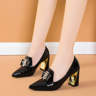 Pointed Rhinestone High Heels Female British Small Leather Shoes