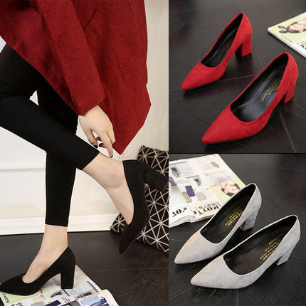 Spring new female grey lady shoes shallow pointed high-heeled shoes with thick shoes with all-match