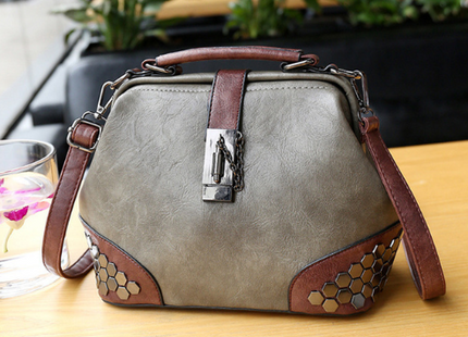 Women Handbag Leather Small Doctor Bag Women Shoulder Bag Female Crossbody Handbag Lock Chain Rivets Girls Vintage Women Bags