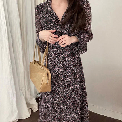 Elegant V-neck Elegant Floral Chiffon Dress