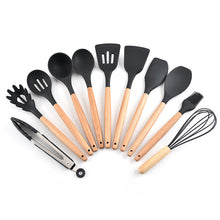 Silicone 11Pcs Kitchen Cooking Utensil Set  Non-stick Spatula Heat Resistant Wooden Handle
