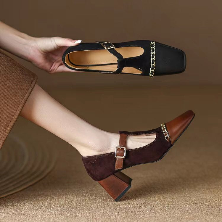Zapatos individuales gruesos de boca baja retro para mujer