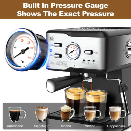 20 Bar Professional Coffee Machine With Pod Filter, Milk Frother Steam Wand & Thermometer. 1.5L Water Tank