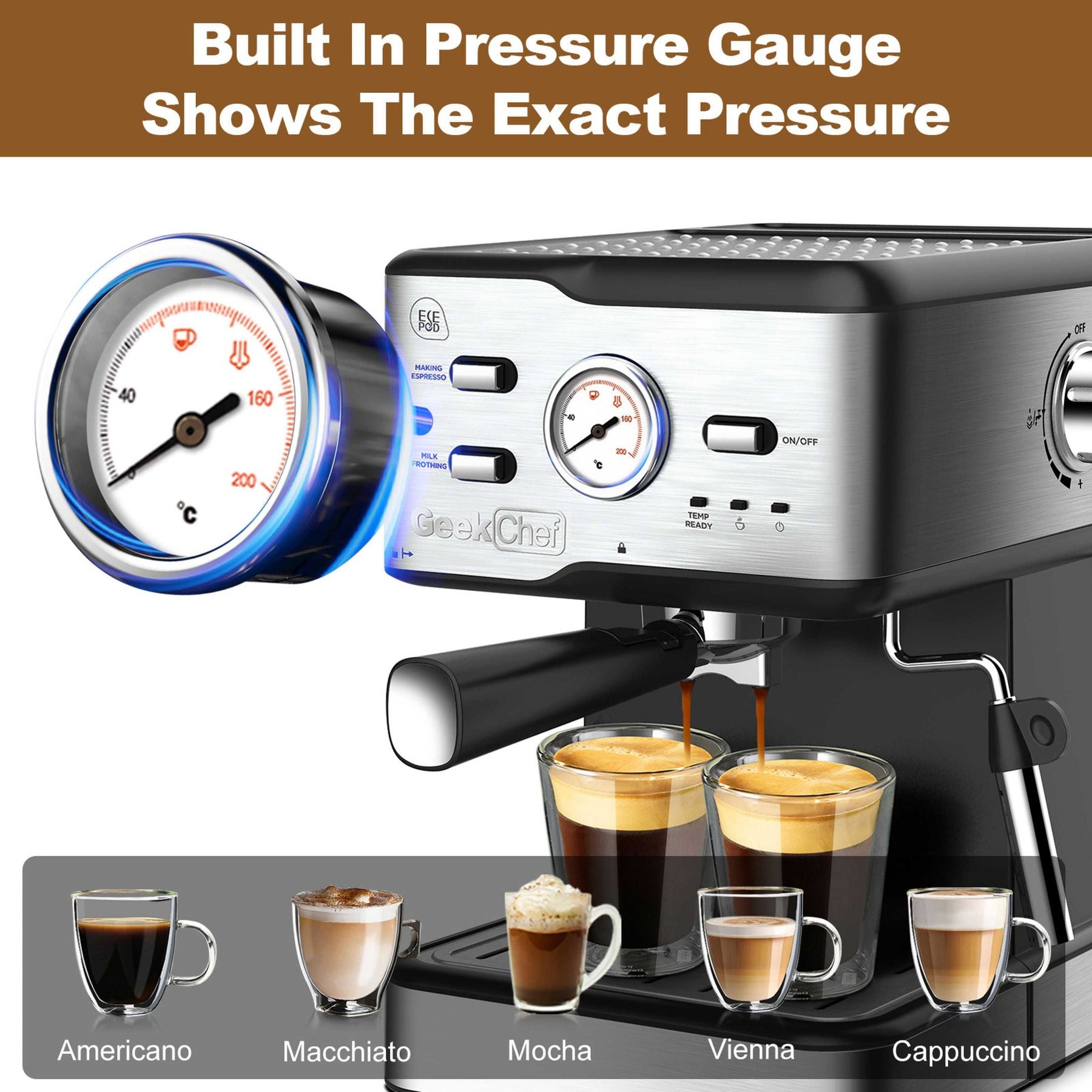 20 Bar Professional Coffee Machine With Pod Filter, Milk Frother Steam Wand & Thermometer. 1.5L Water Tank